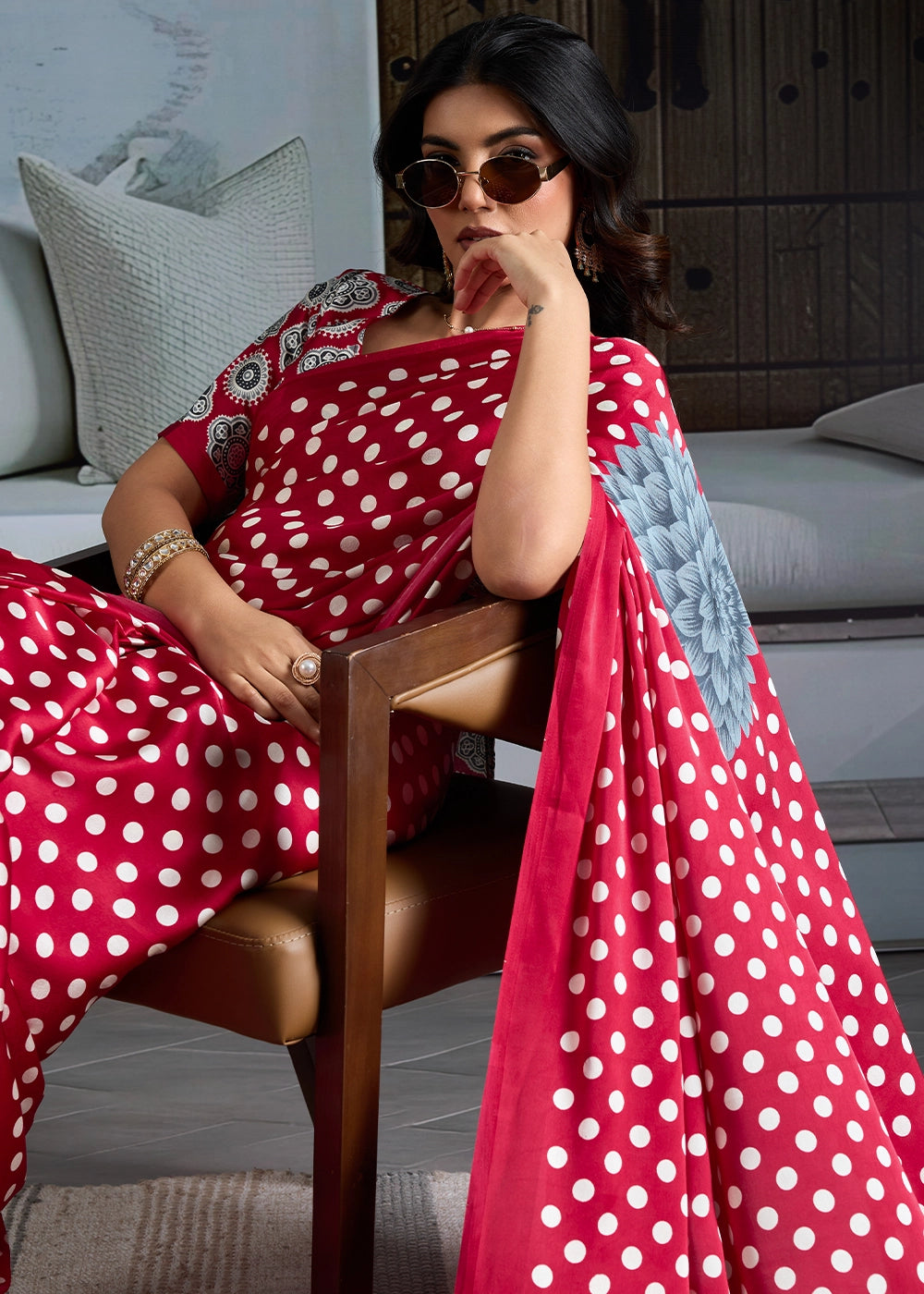 Crimson Red Modal Satin Ajrakh Printed Summer Saree