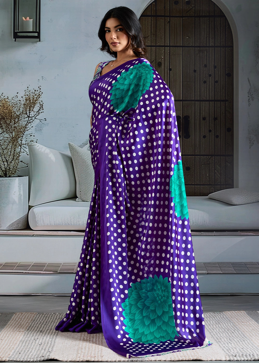 Berry Blue Modal Satin Ajrakh Printed Summer Saree