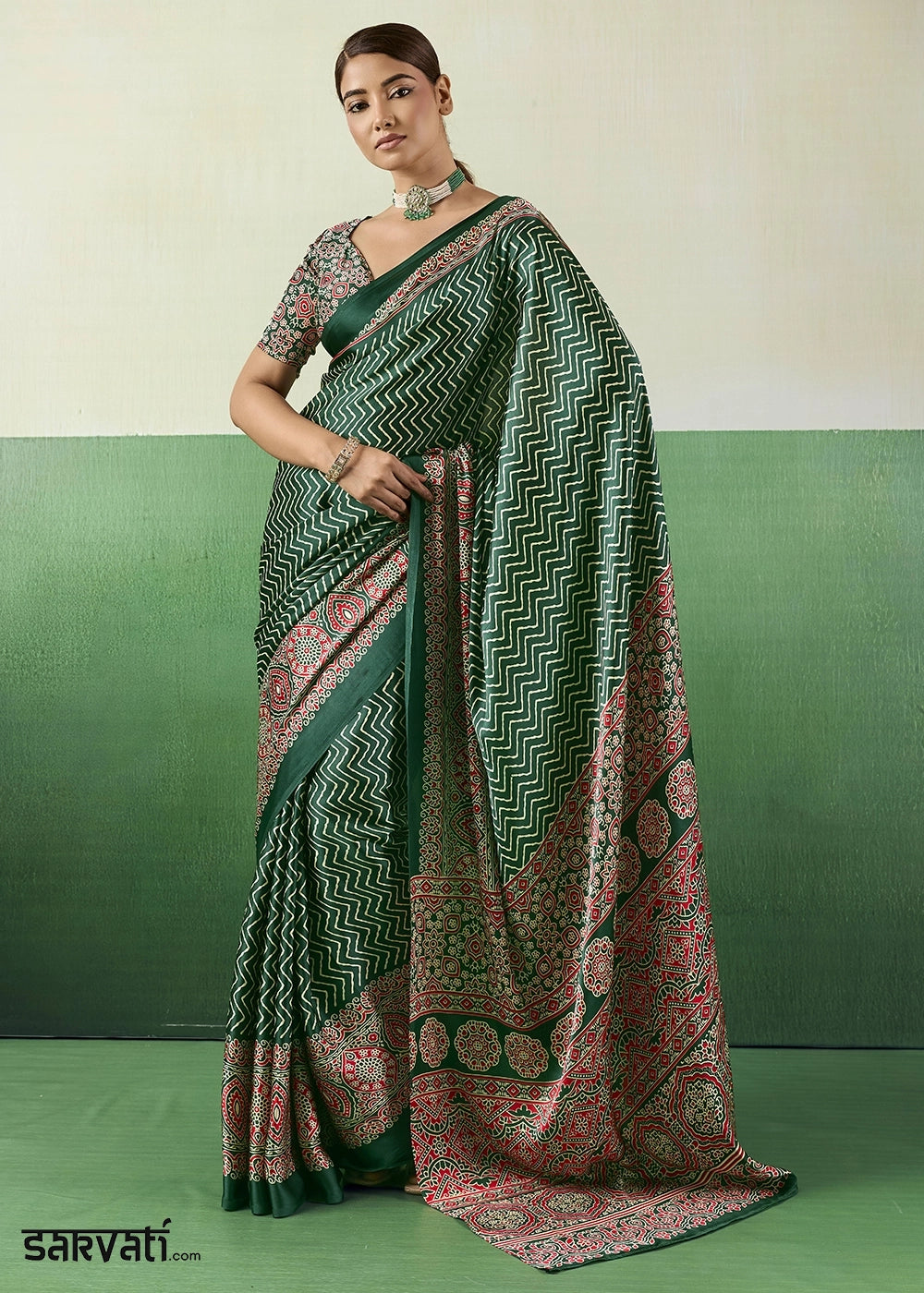 Forest Green Modal Satin Ajrakh Print Saree