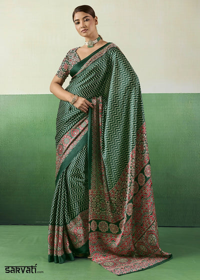 Forest Green Modal Satin Ajrakh Print Saree