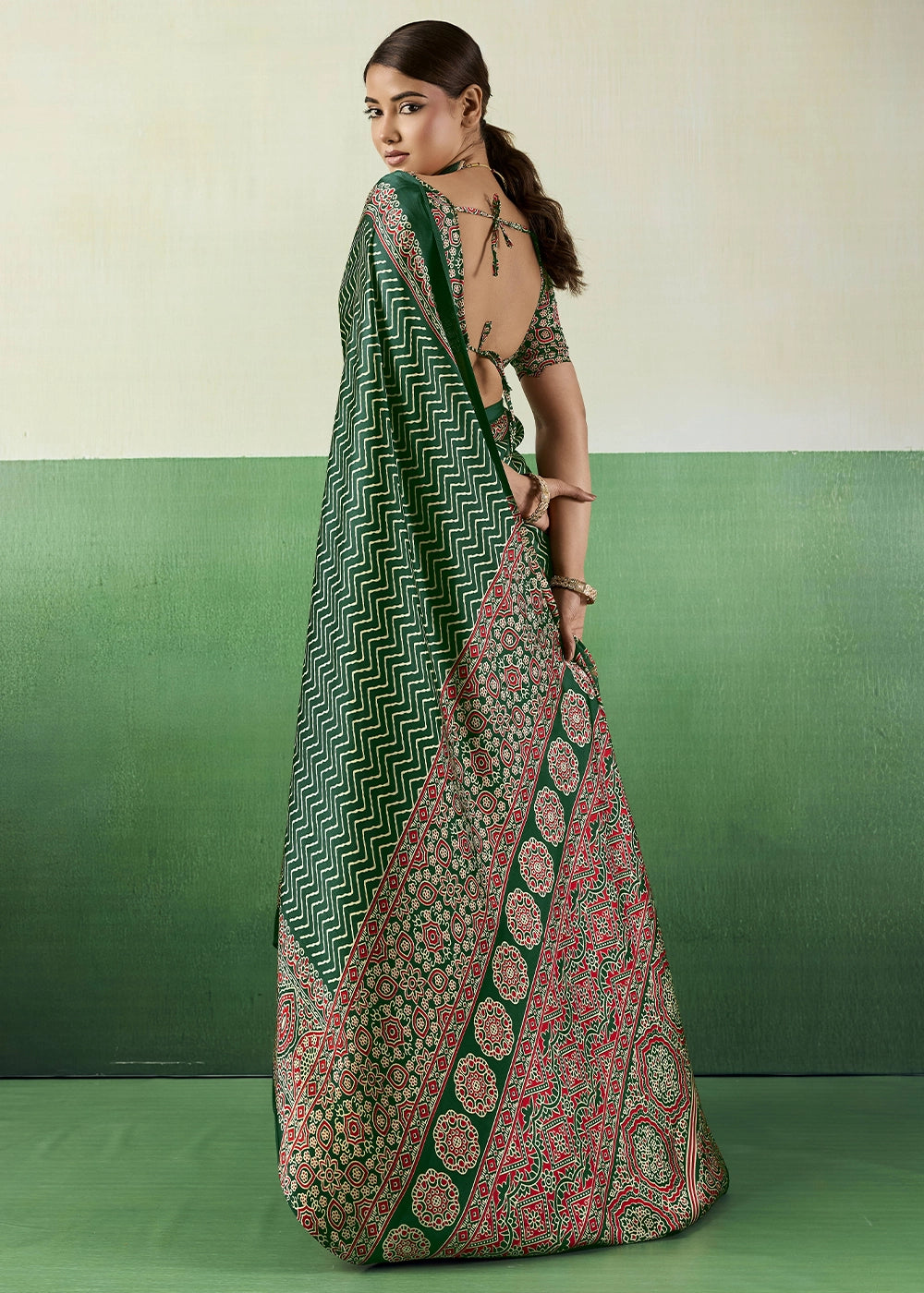 Forest Green Modal Satin Ajrakh Print Saree