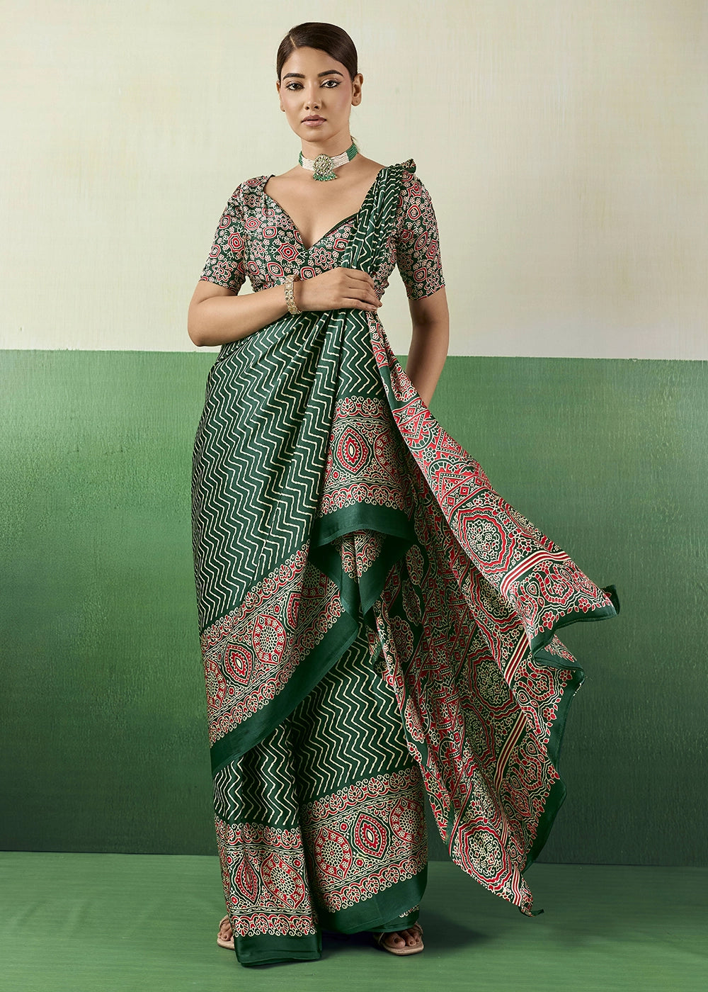 Forest Green Modal Satin Ajrakh Print Saree