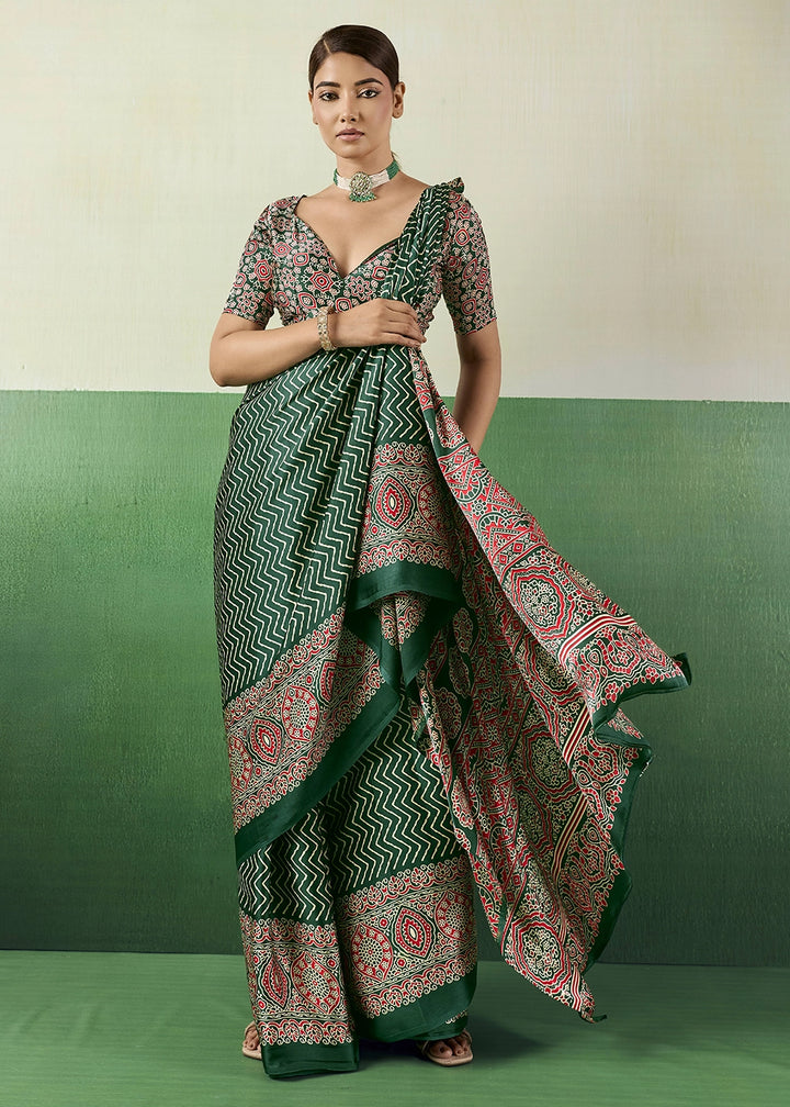 Forest Green Modal Satin Ajrakh Print Saree