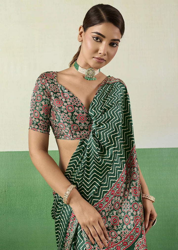 Forest Green Modal Satin Ajrakh Print Saree