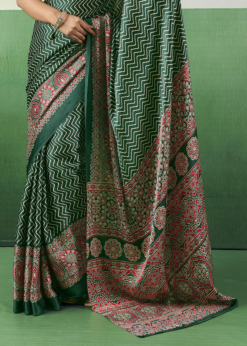 Forest Green Modal Satin Ajrakh Print Saree