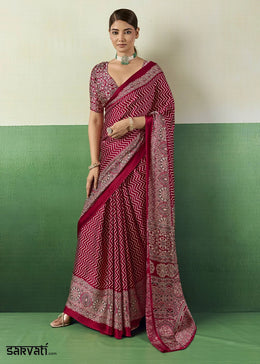 Rani Pink Modal Satin Ajrakh Print Saree