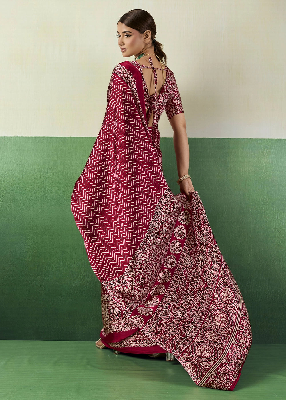 Rani Pink Modal Satin Ajrakh Print Saree