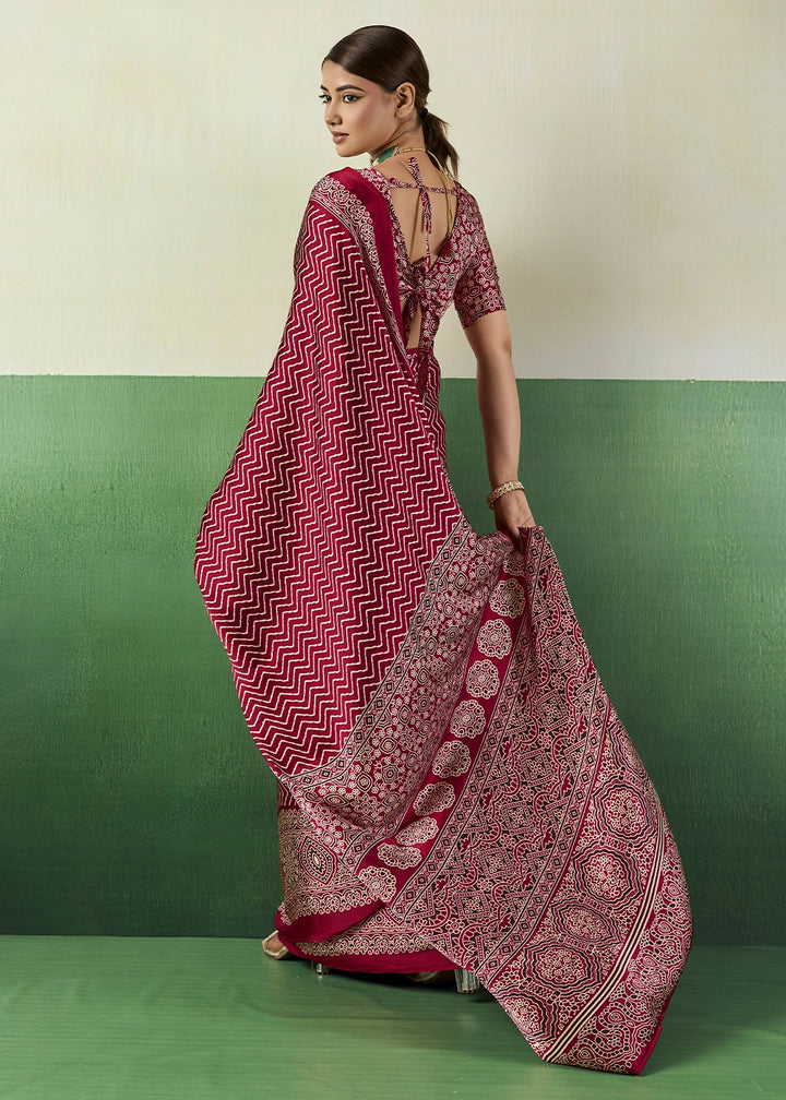Rani Pink Modal Satin Ajrakh Print Saree