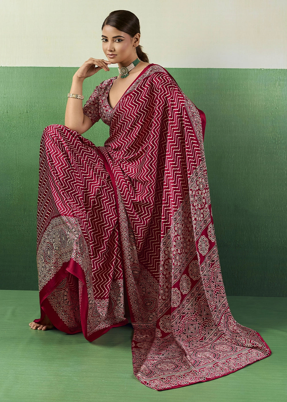 Rani Pink Modal Satin Ajrakh Print Saree