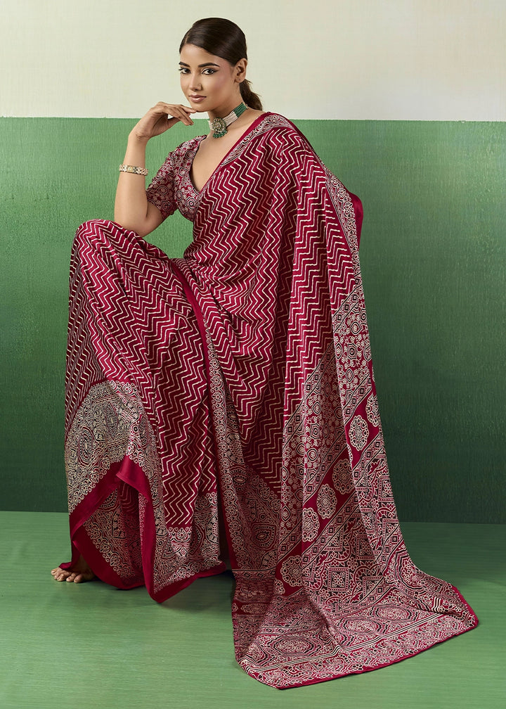 Rani Pink Modal Satin Ajrakh Print Saree