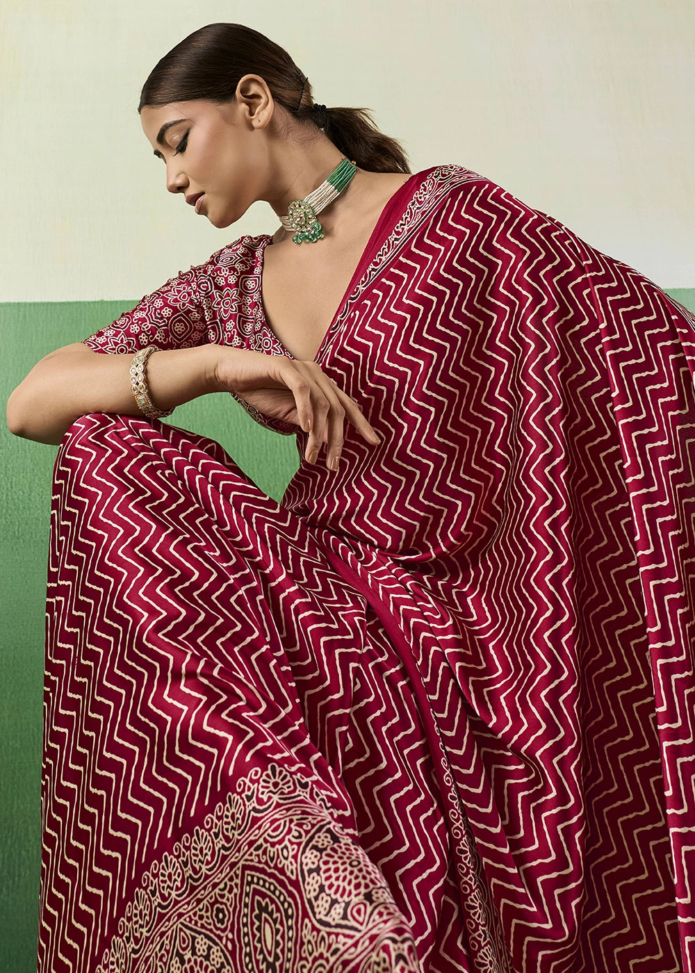 Rani Pink Modal Satin Ajrakh Print Saree