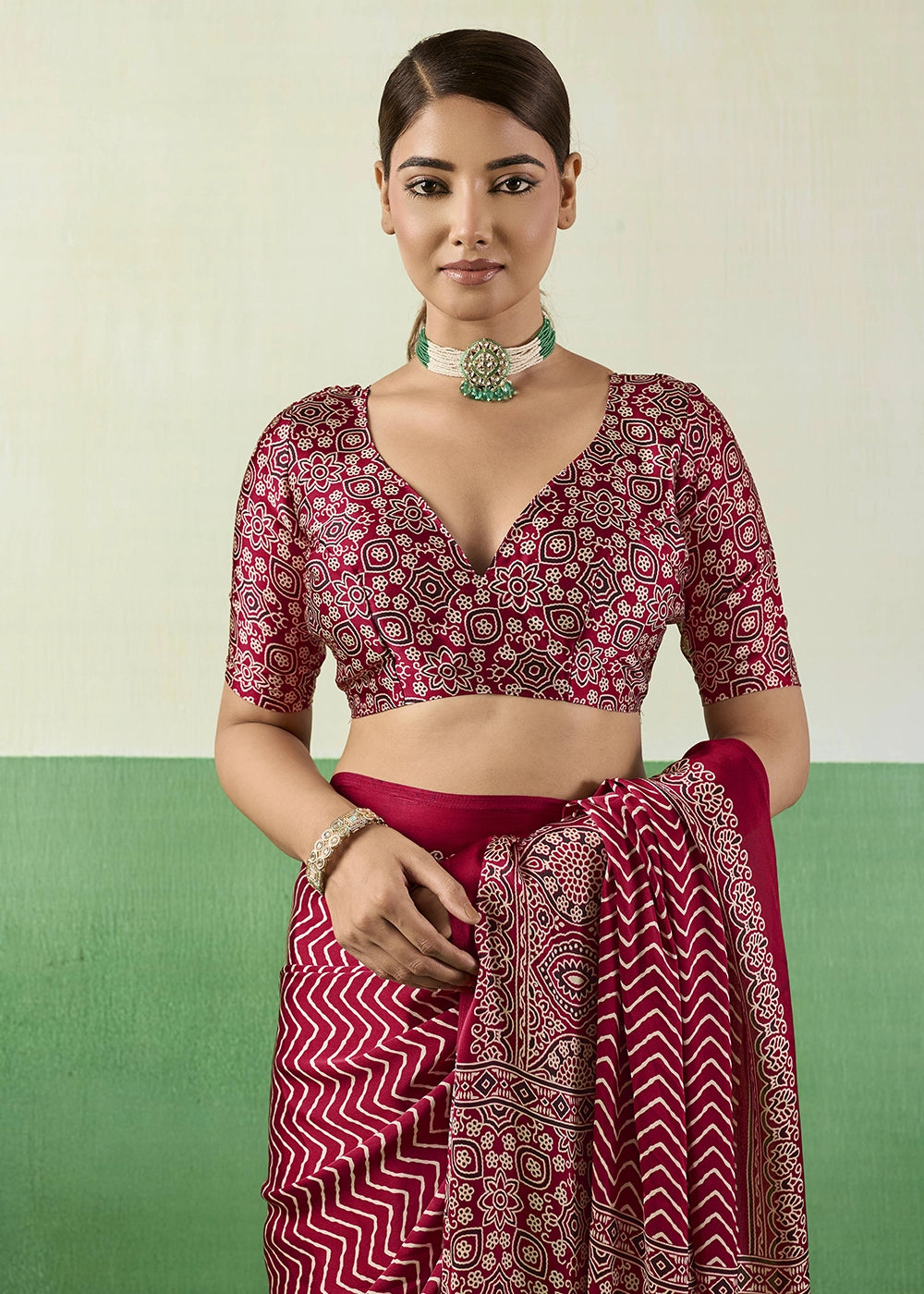 Rani Pink Modal Satin Ajrakh Print Saree