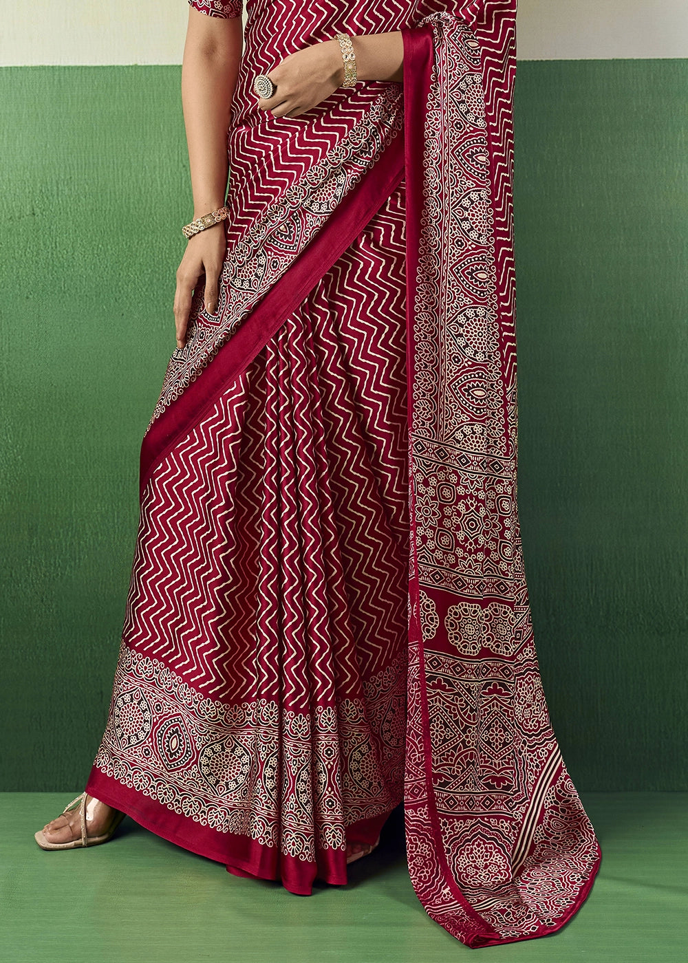 Rani Pink Modal Satin Ajrakh Print Saree