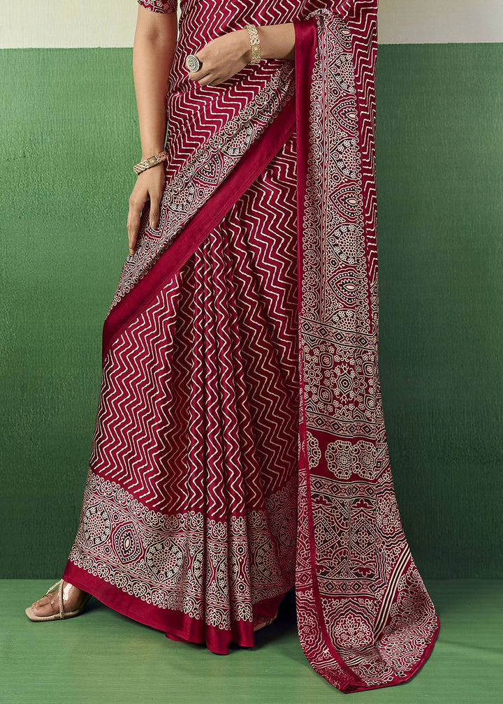 Rani Pink Modal Satin Ajrakh Print Saree