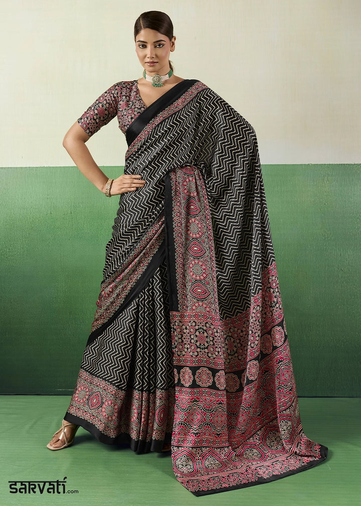 Black Modal Satin Ajrakh Print Saree