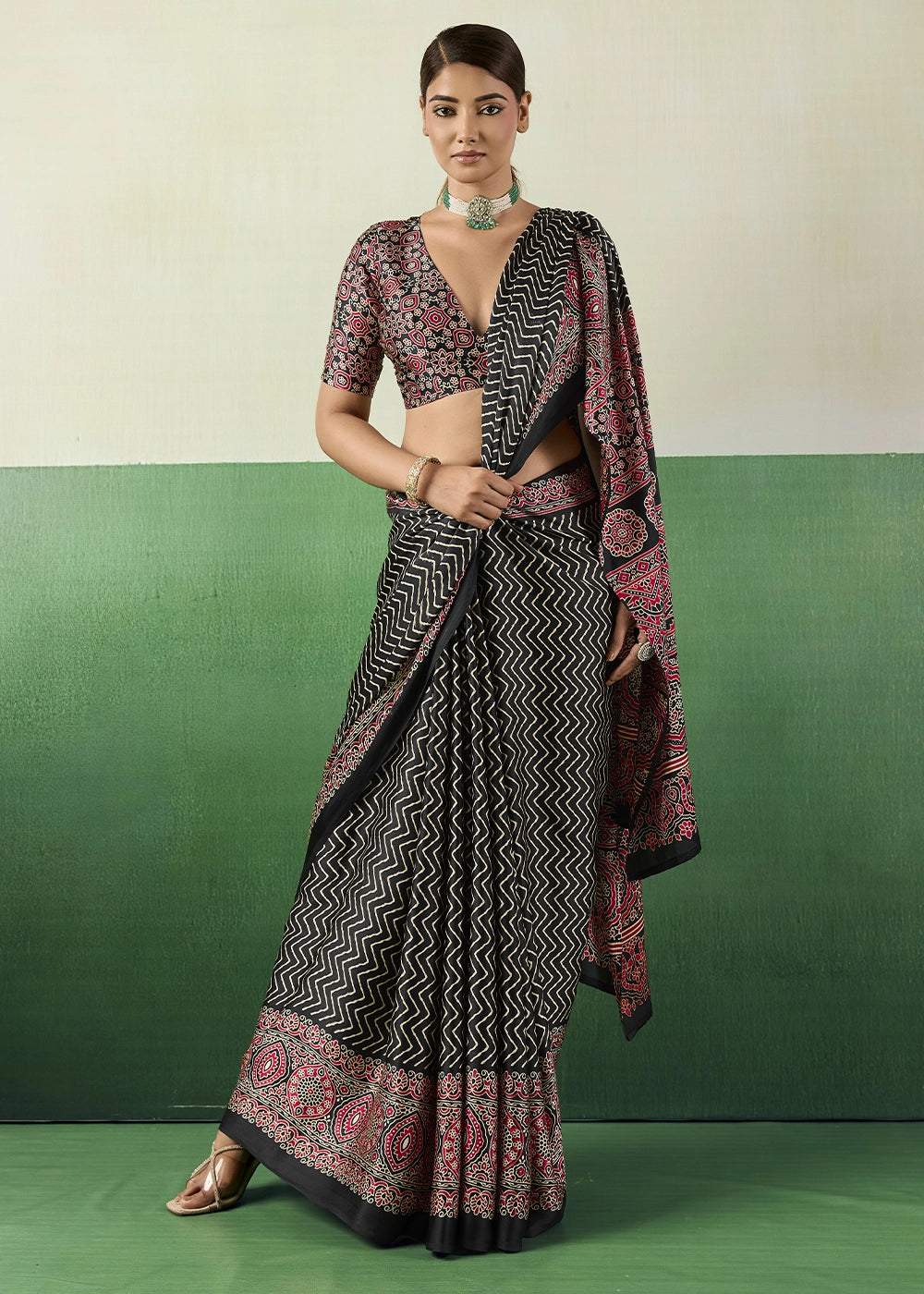 Black Modal Satin Ajrakh Print Saree