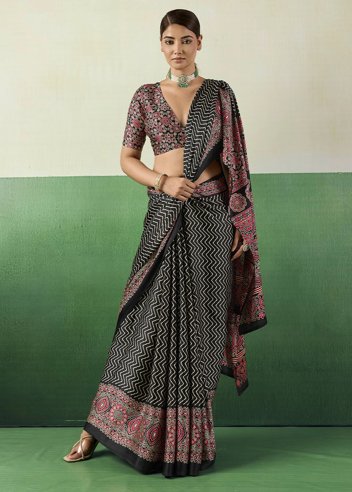 Black Modal Satin Ajrakh Print Saree