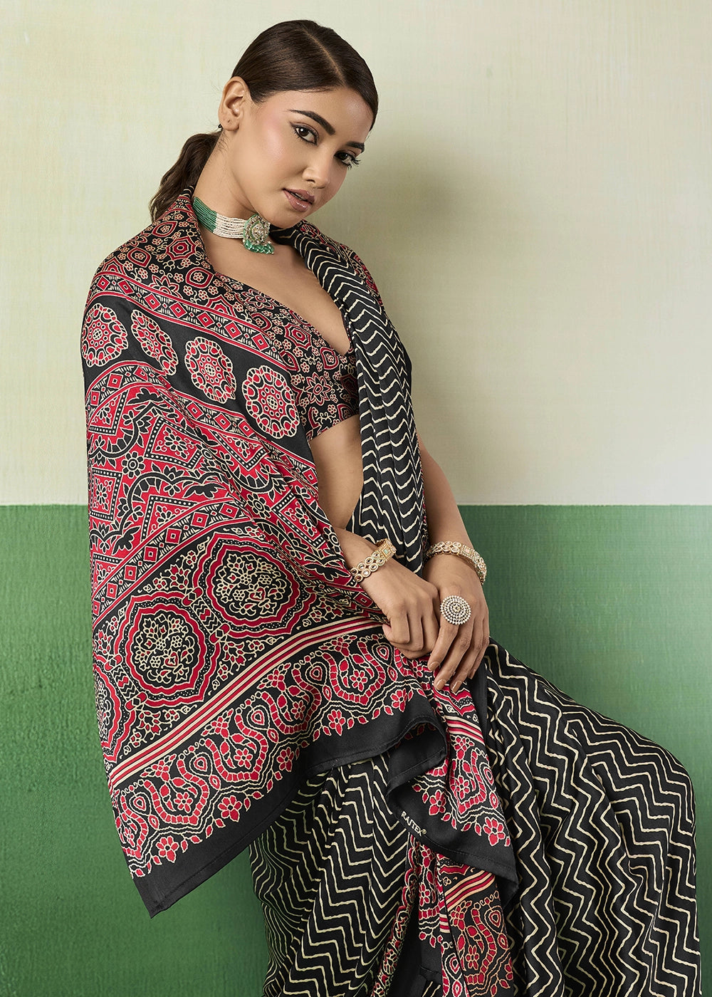 Black Modal Satin Ajrakh Print Saree