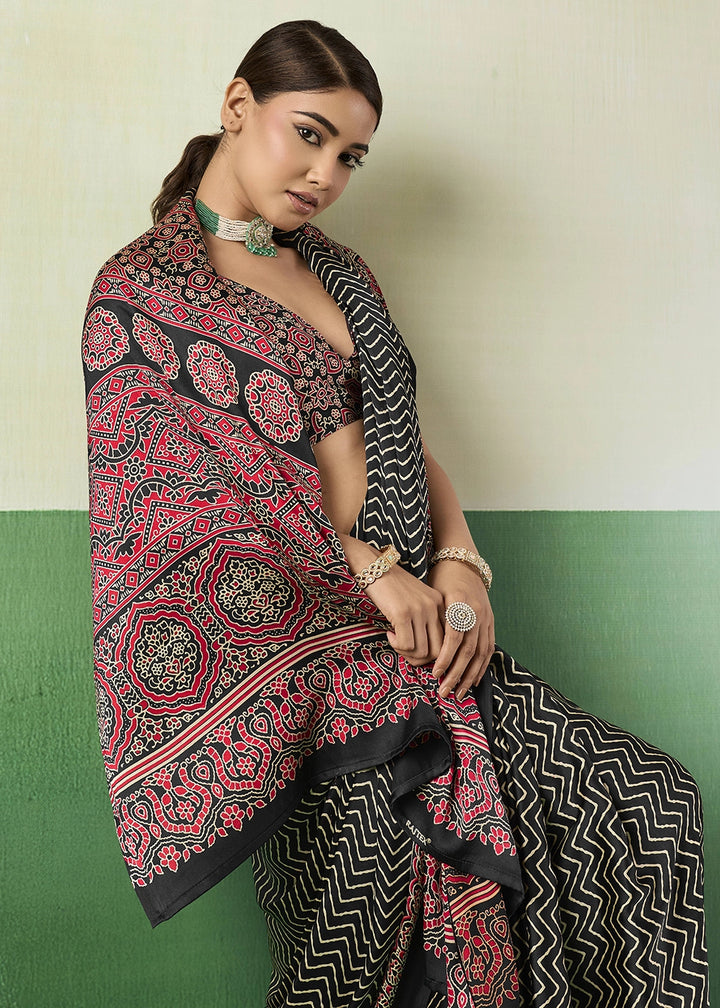 Black Modal Satin Ajrakh Print Saree
