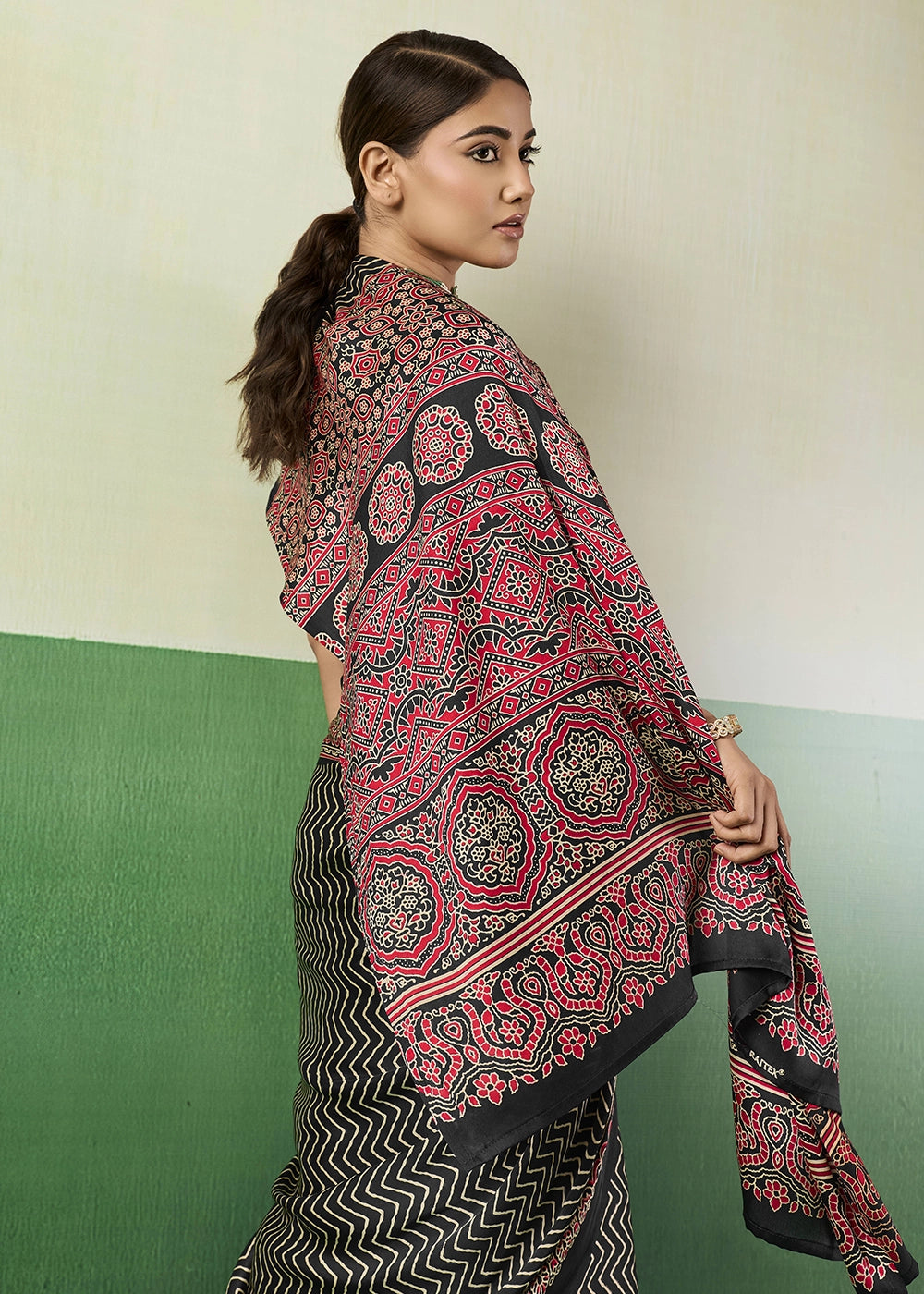Black Modal Satin Ajrakh Print Saree