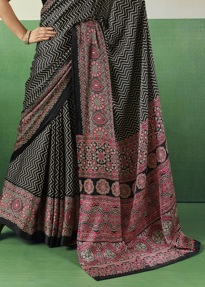 Black Modal Satin Ajrakh Print Saree