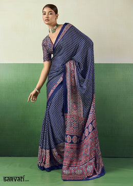 Royal Blue Modal Satin Ajrakh Print Saree