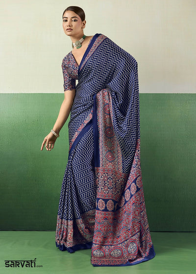 Royal Blue Modal Satin Ajrakh Print Saree