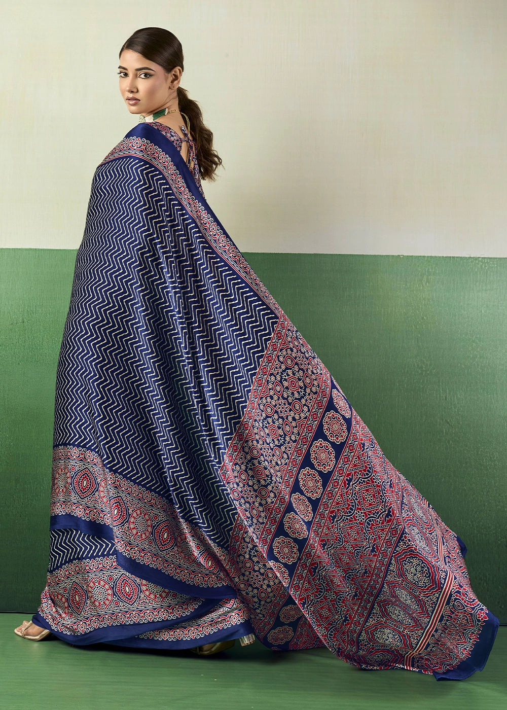 Royal Blue Modal Satin Ajrakh Print Saree