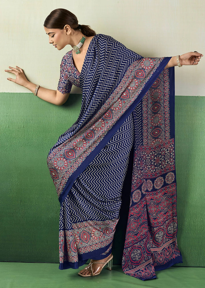 Royal Blue Modal Satin Ajrakh Print Saree
