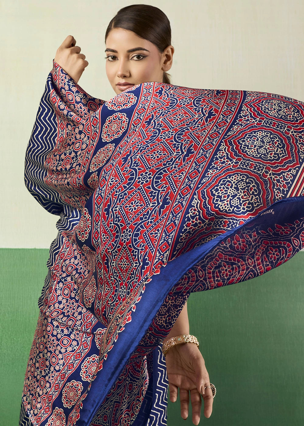 Royal Blue Modal Satin Ajrakh Print Saree