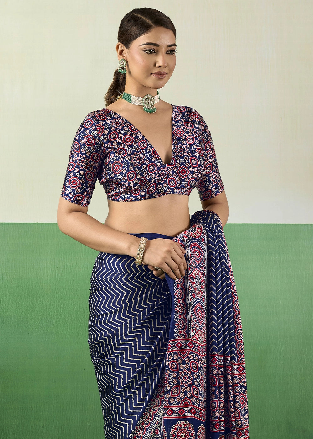Royal Blue Modal Satin Ajrakh Print Saree