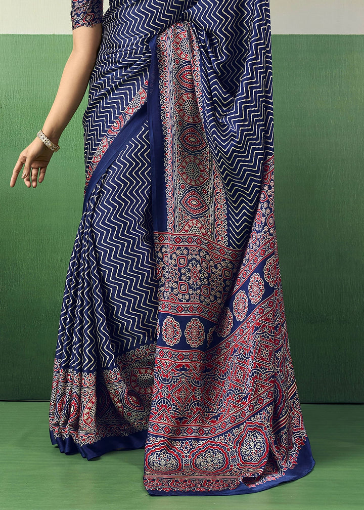 Royal Blue Modal Satin Ajrakh Print Saree