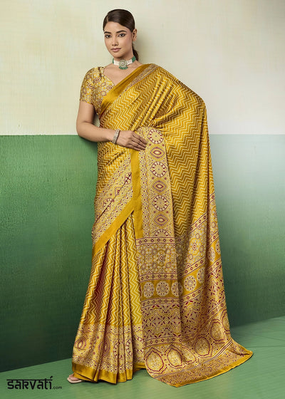 Mustard Yellow Modal Satin Ajrakh Print Saree