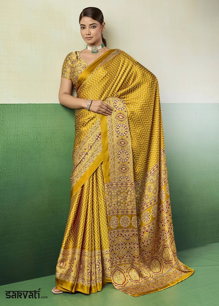 Mustard Yellow Modal Satin Ajrakh Print Saree