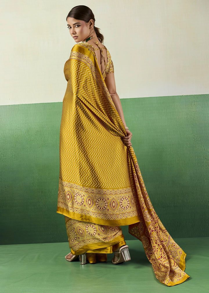 Mustard Yellow Modal Satin Ajrakh Print Saree