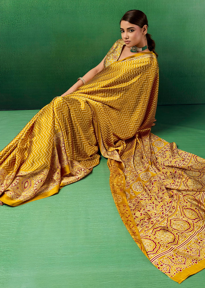 Mustard Yellow Modal Satin Ajrakh Print Saree