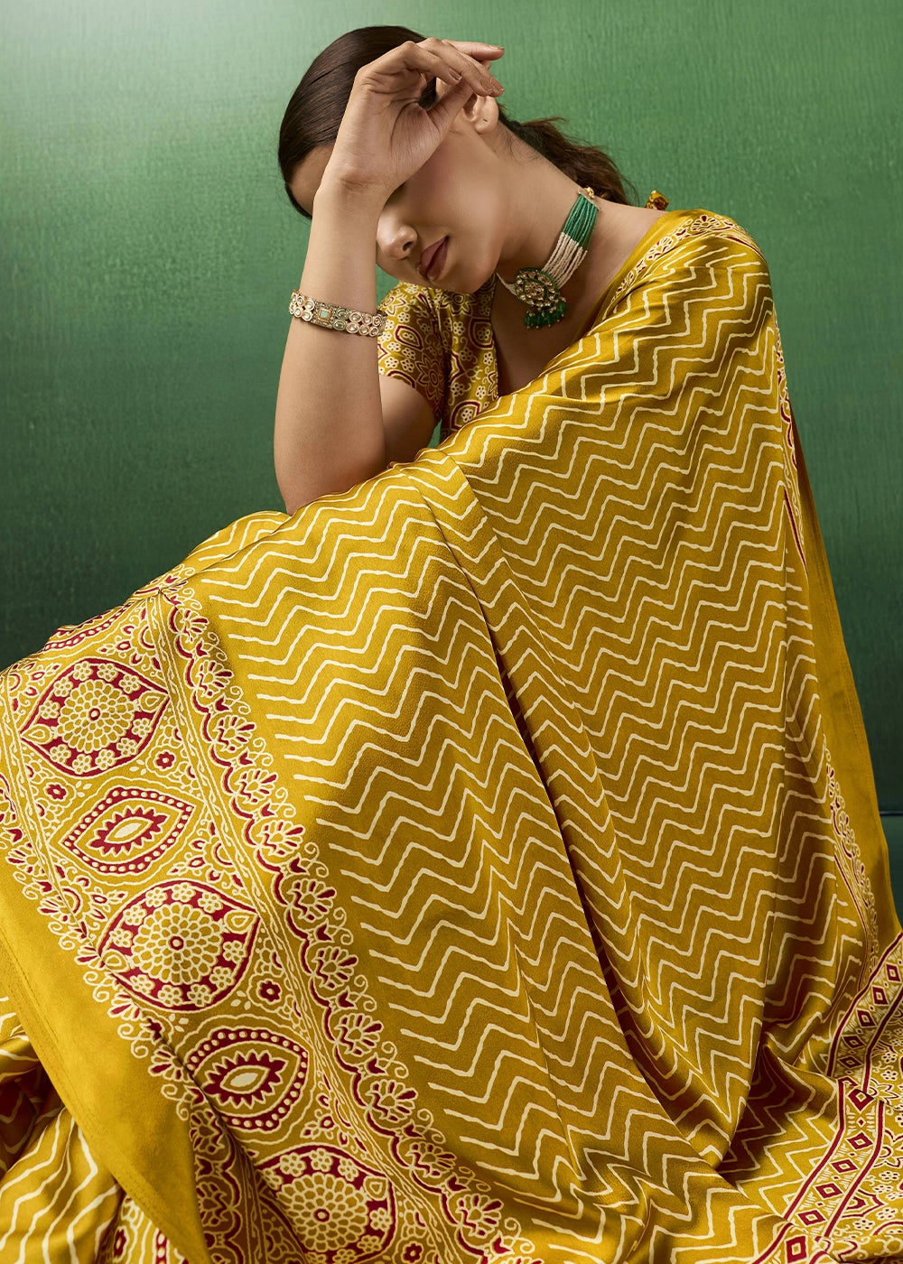 Mustard Yellow Modal Satin Ajrakh Print Saree