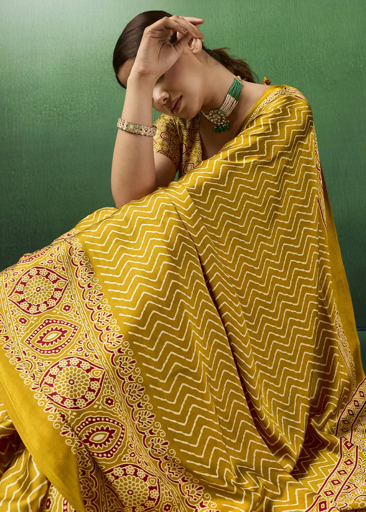 Mustard Yellow Modal Satin Ajrakh Print Saree