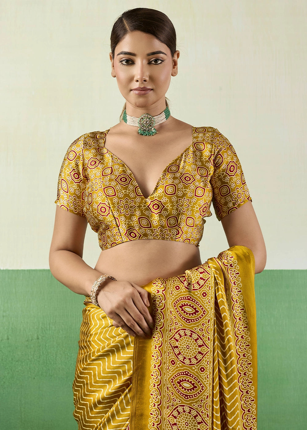 Mustard Yellow Modal Satin Ajrakh Print Saree