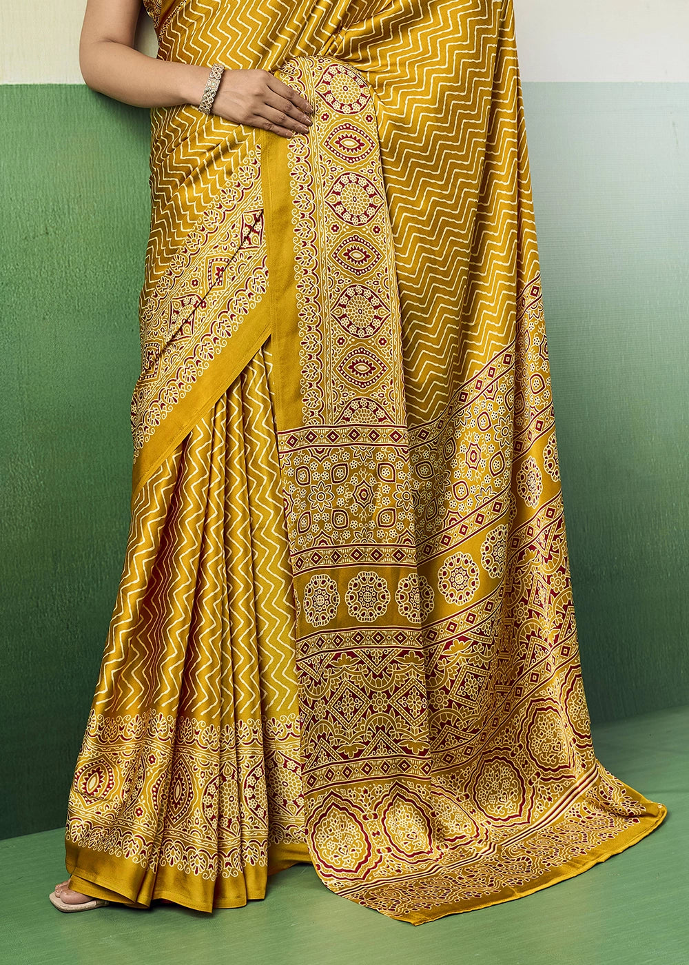Mustard Yellow Modal Satin Ajrakh Print Saree