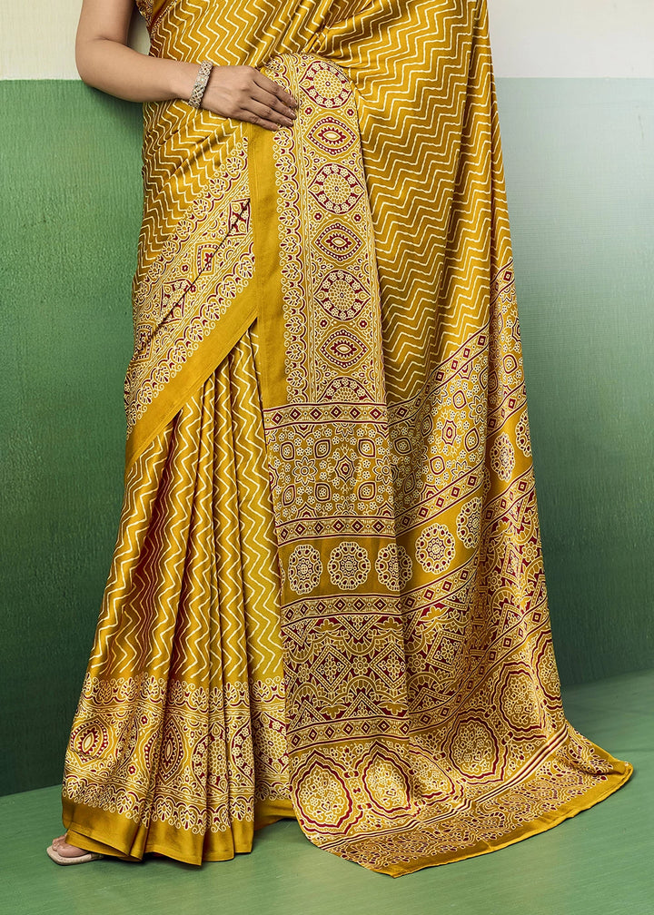 Mustard Yellow Modal Satin Ajrakh Print Saree