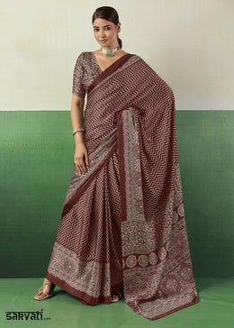 Chocolate Brown Modal Satin Ajrakh Print Saree