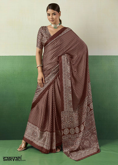 Chocolate Brown Modal Satin Ajrakh Print Saree