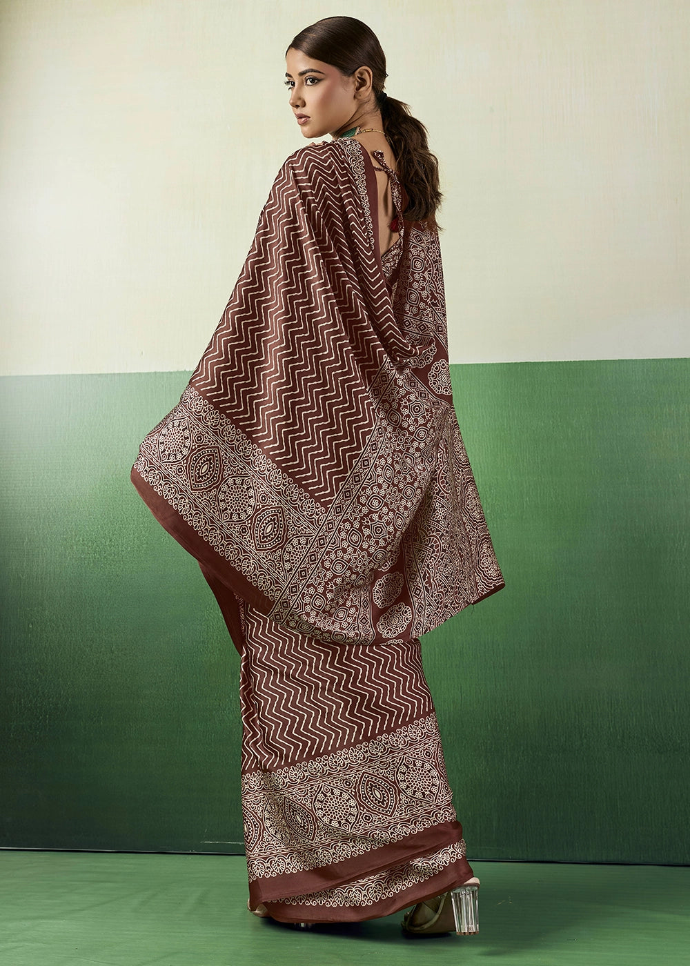 Chocolate Brown Modal Satin Ajrakh Print Saree