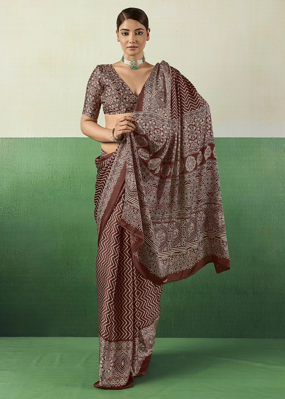 Chocolate Brown Modal Satin Ajrakh Print Saree