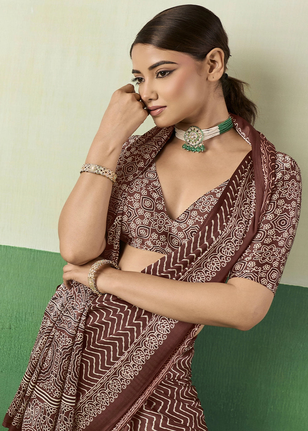 Chocolate Brown Modal Satin Ajrakh Print Saree