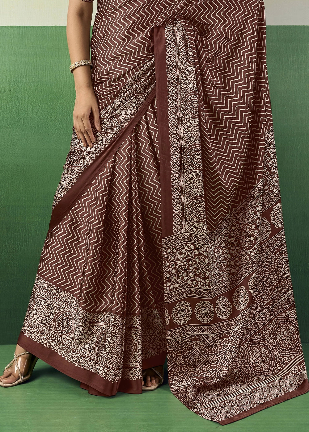 Chocolate Brown Modal Satin Ajrakh Print Saree