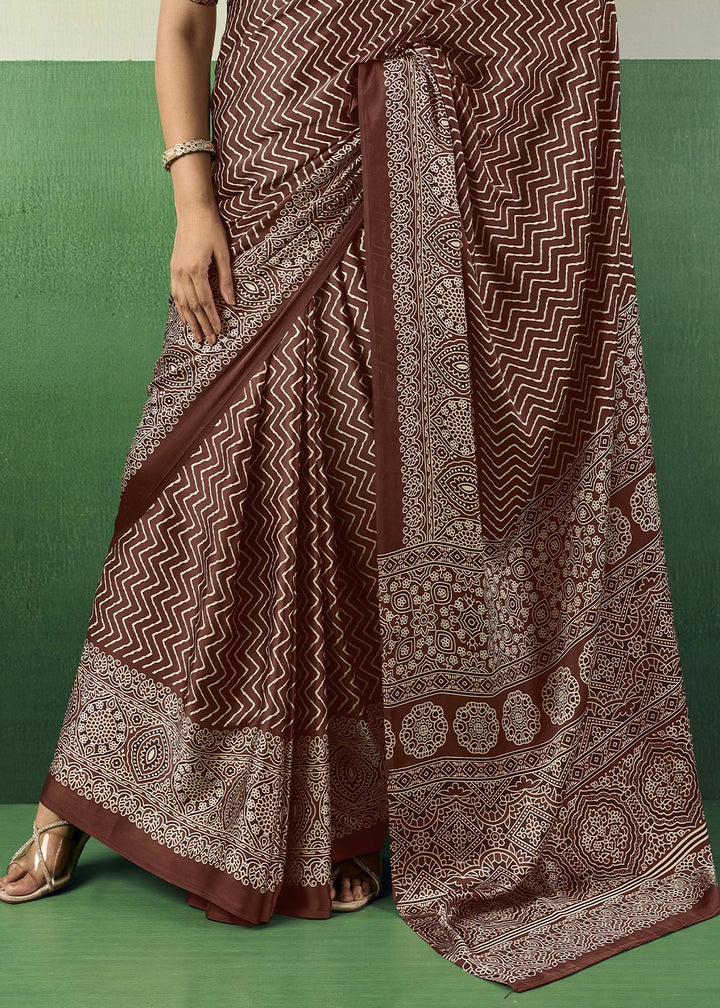 Chocolate Brown Modal Satin Ajrakh Print Saree