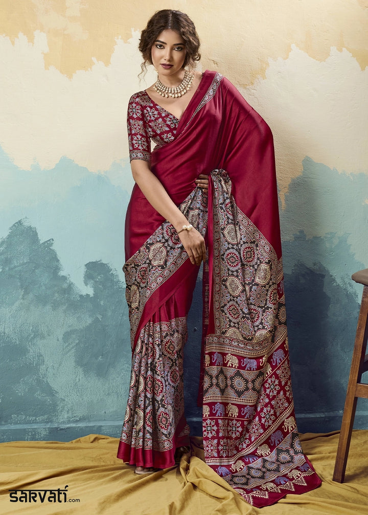 Wine Maroon Modal Satin Ajrakh Print Saree