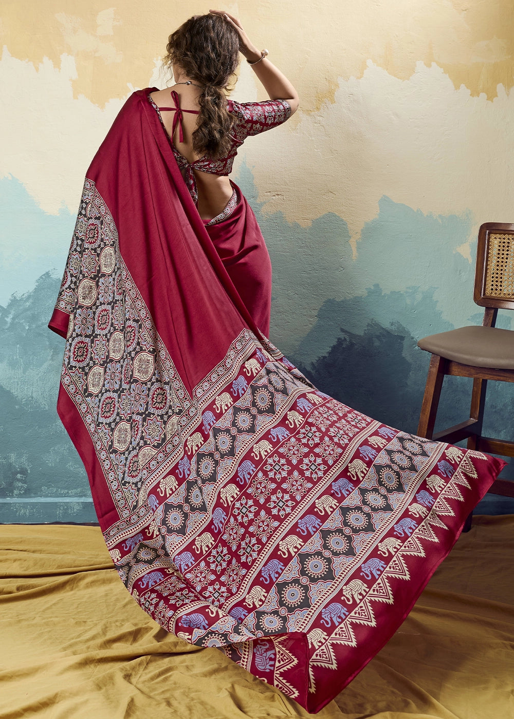 Wine Maroon Modal Satin Ajrakh Print Saree